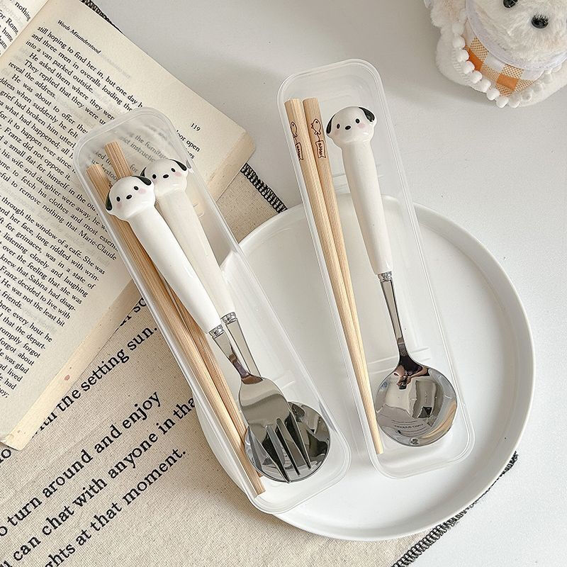 Cute puppy stainless steel chopsticks fork spoon set student portable eating spoon tableware for home use spoon + wooden chopsticks (transparent box)