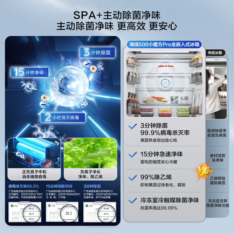 Hisense 500-liter Little Rubik's Cube Pro ultra-thin zero-embedded refrigerator four-door frost-free first-class energy efficiency dual-frequency home appliance active sterilization BCD-500WMK3PU