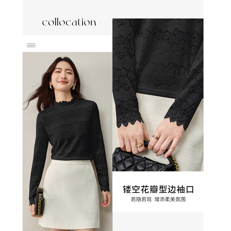 Shandubila Wear outside and inside Elegant commuting half-high collar hollow floral slim fit stretch long-sleeved lace shirt Black L 110-120 catties recommended choice