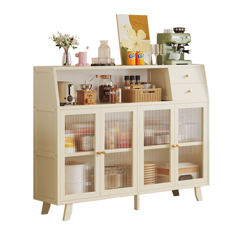 Sizhuge Kitchen Shelf Nordic Sideboard Microwave Oven Home Living Room Cabinet Home Solid Wood Multi-Function Storage Cabinet Wine Cabinet Single Door with Drawout - Milk White