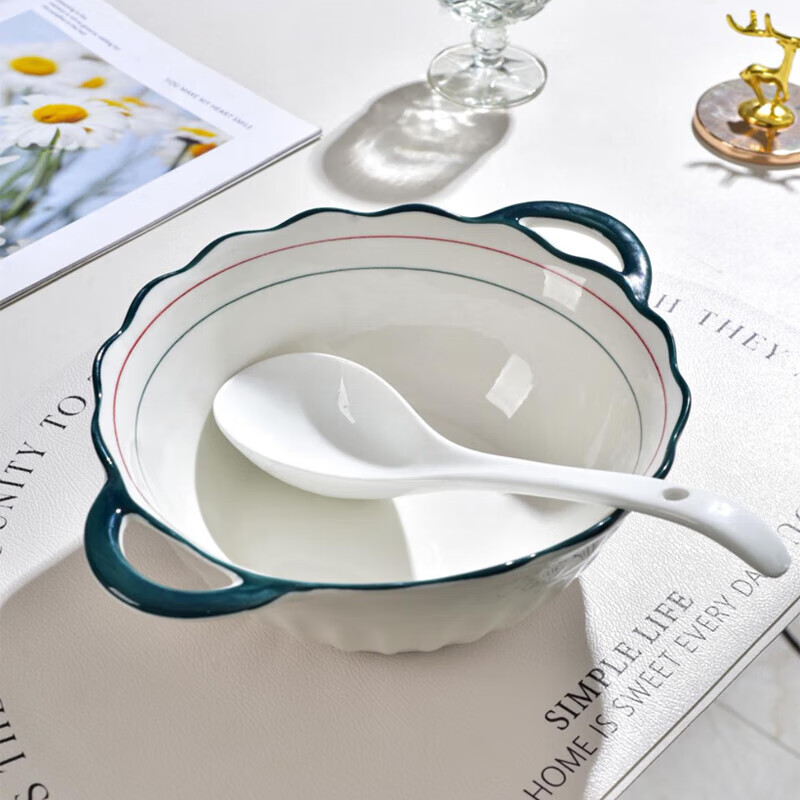 Double-ear 10-inch green double-line special-shaped double-ear bowl household ceramic tableware double-ear soup bowl fruit bowl 2 10-inch green double-ear bowls