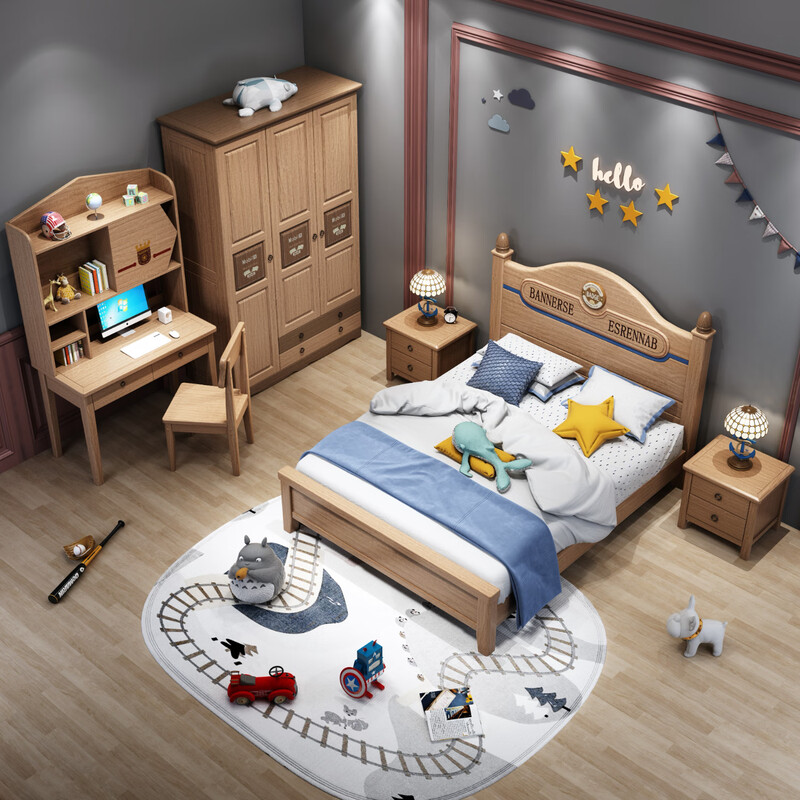 Fruit wood style children's bed solid wood for boys and girls 1.35m single bed 1.2m solid wood bed 1.5m imported golden sandalwood single bed + 10cm natural antibacterial coconut palm mat 150*200cm standard silent bed board