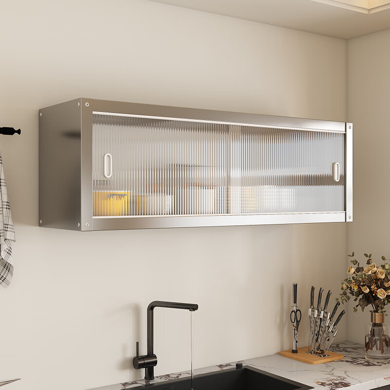 Kitchen rack stainless steel wall-mounted wall-mounted cabinet hanging wall storage sliding door cabinet second floor length 70 width 35 height 70 wall-mounted storage rack with door