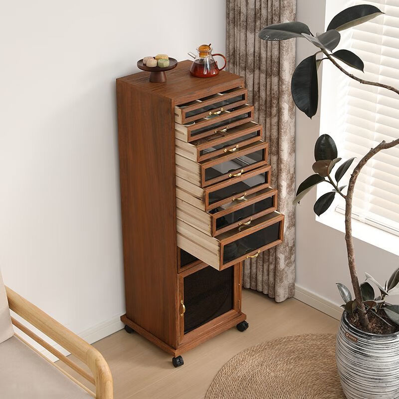 Pomelo Mansion's new walnut color solid wood veneer-free dental cabinet stationery jewelry tea set cup storage cabinet floor-standing tea cabinet walnut color small size