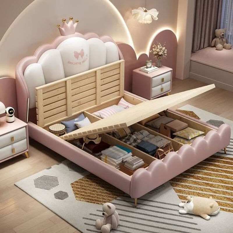 Solid wood bed children's bed girl's bedroom princess bed light luxury leather bed small apartment pink crown double bed quality/children's bed color remarks/delivery to home 1500mm*2000mm frame structure