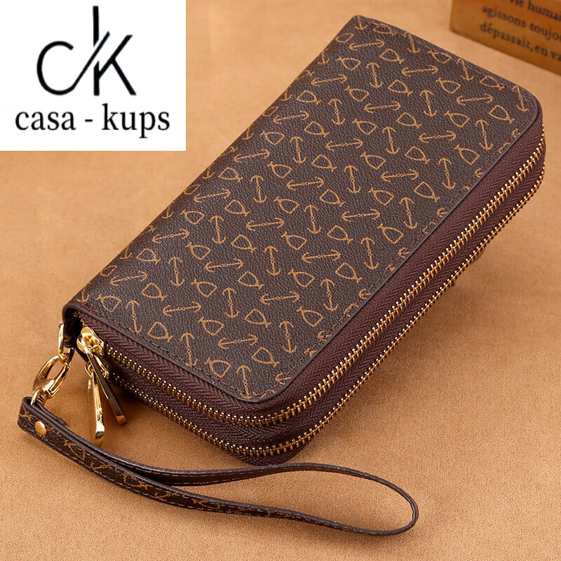 Casa-kups Genuine Leather Long Clutch Women's Mobile Phone Bag 2025 New Large Capacity Fashionable High-end Money Arrow Pattern Brown-Double Zipper