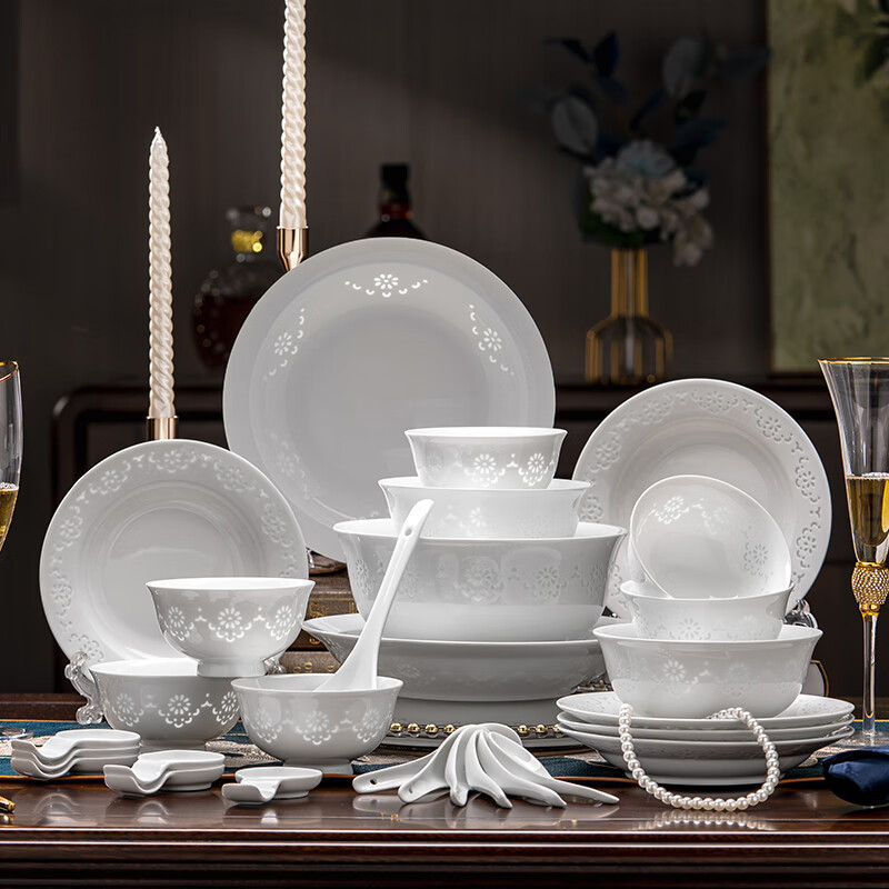 Rich Jade Exquisite Tableware Set Pure White Dishes Set Jingdezhen New Home Use High-end Light Luxury Youmeng Tableware Set 30 Pieces