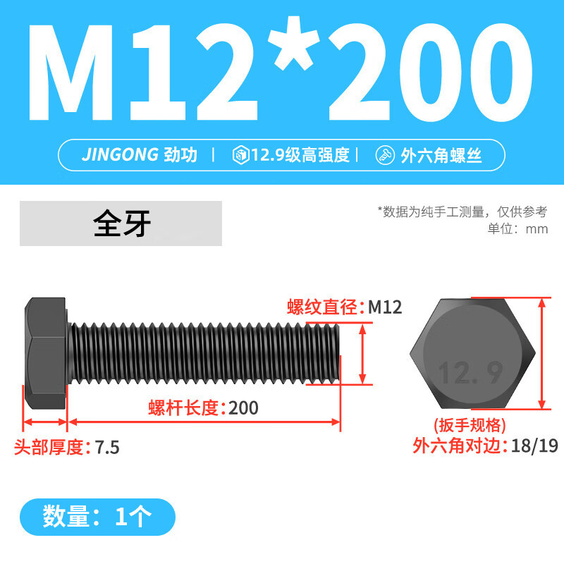 Jinggong (JINGGONG) 12.9 grade external hexagonal screw high strength full thread extended screw bolt M4M5M6M8M10-M36 M12*200 full thread (1 piece)