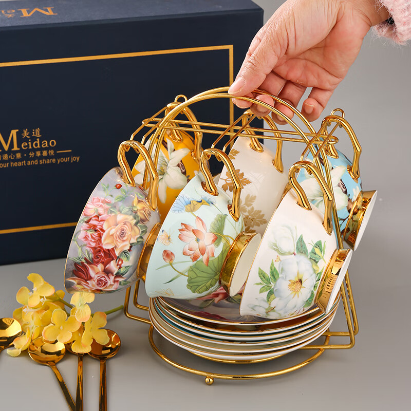 Heart Ornament Garden Blossoms Beautiful Bone China Coffee Cup Set Gift Box High-End Afternoon Tea Set Wedding Birthday Gift Blossoms Blossoms (6 Cups and Saucers with Spoons) Dark Blue Box