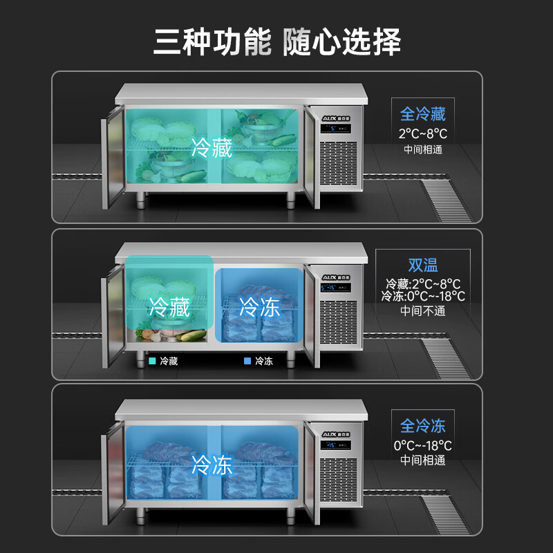 AUX refrigerated workbench commercial freezer kitchen horizontal freezer refrigerator dual-temperature large-capacity refrigerated fresh cabinet milk tea shop freezer flat-cooled air-cooled stainless steel operating table freezer dual-temperature 1.8*0.8*0.8 meters | power-saving copper tube
