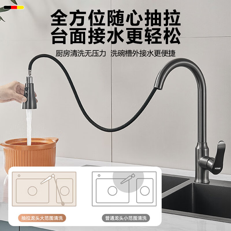 HOMK Germany all-copper kitchen faucet pull-out sink hot and cold vegetable basin telescopic faucet YG-6006