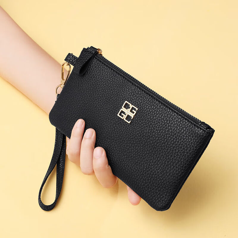 Nimense soft leather texture mobile phone bag ultra-thin internet celebrity long large capacity wallet zipper bag simple portable wallet clutch bag classic black upgraded material-anti-theft brush/anti-degaussing