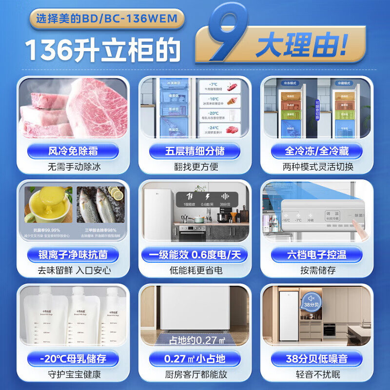 Midea air-cooled frost-free 136/176 liter vertical small freezer household small refrigerator freezer dual-purpose drawer type freezer commercial small refrigerator first-class energy efficiency breast milk storage cabinet 136L clean taste and freshness