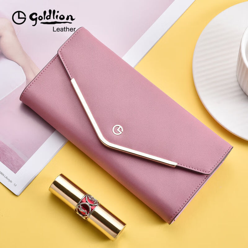 Goldlion Wallet Women's 2025 New Ladies Casual Fashion Long Cowhide Clutch Bag Mobile Coin Purse Birthday Gift Pink