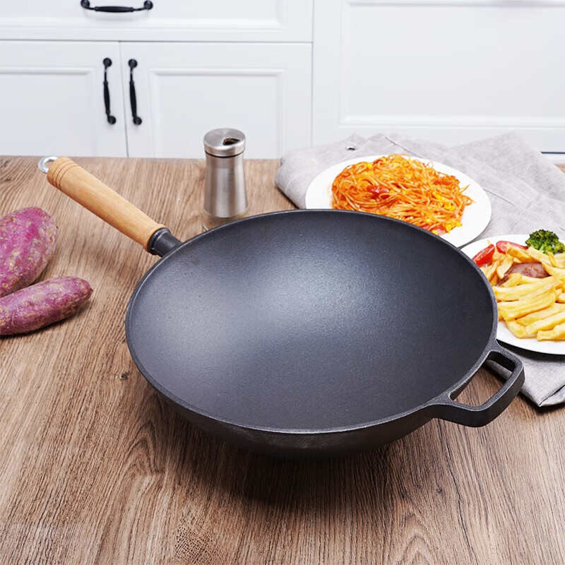 Old-fashioned thickened cast iron wok, uncoated, healthy and durable, traditional craft wood-fired gas concave induction cooker, universal 32CM household wok