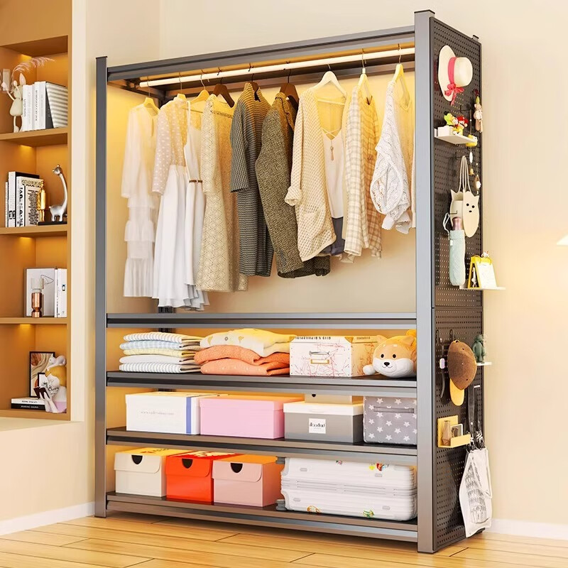 Siluo simple wardrobe full steel frame structure thickened household clothes hanger bedroom dormitory rental house storage rack thickened - three layers - height 160cm, default black, length 50*width 40cm, dustproof curtain hanging clothes rail included