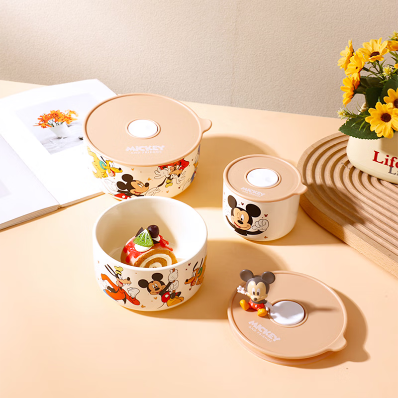 Disney high-looking light luxury ceramic fresh-keeping bowl lunch box high-looking cartoon exquisite girls and children home rice bowl light luxury Pooh fresh-keeping bowl small size