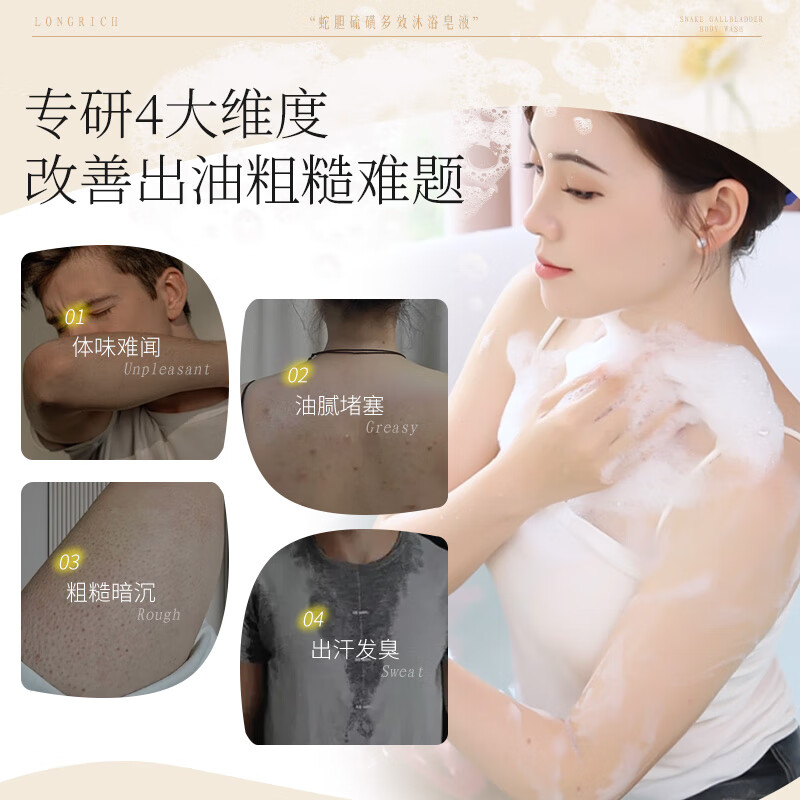 Longliqi snake gall sulfur multi-effect bath soap antibacterial and mite removal liquid soap face wash hair bath unisex 500g