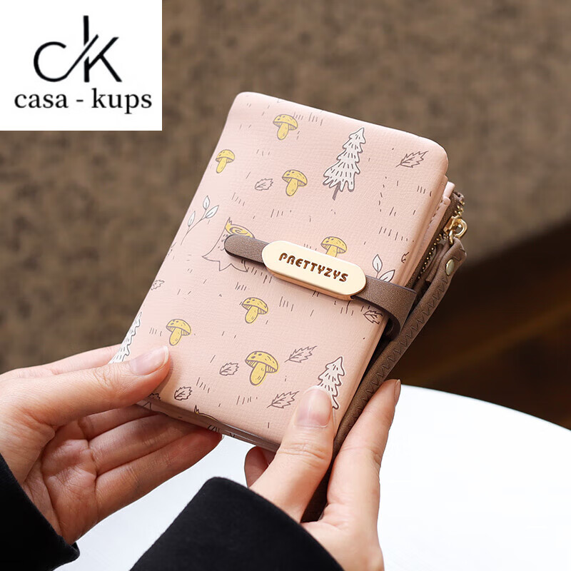 Casa-kupsCK New Fashion Small Fresh Printed Short Wallet Women's Large Capacity Hand Strap Coin Purse Student Wallet 2025 Pink