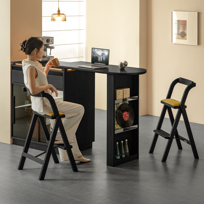 Fanye Furniture Shiye Bar Solid Wood Telescopic Table Black Sideboard Wine Cabinet Storage Cabinet Home Multifunctional Partition Side Cabinet Ash Shiye Bar Table + Xiangye Bar Stool