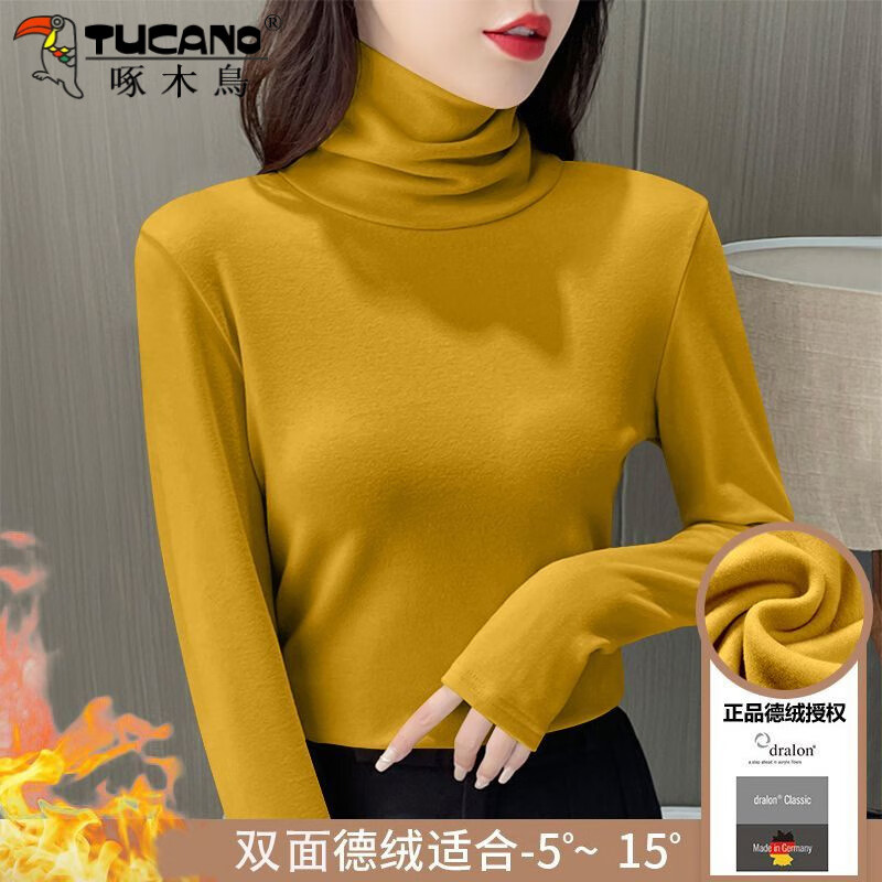 Woodpecker double-sided German velvet turtleneck warm thickened bottoming shirt for women autumn and winter new style versatile pile collar long-sleeved top black high quality 4XL recommended 155-170 pounds