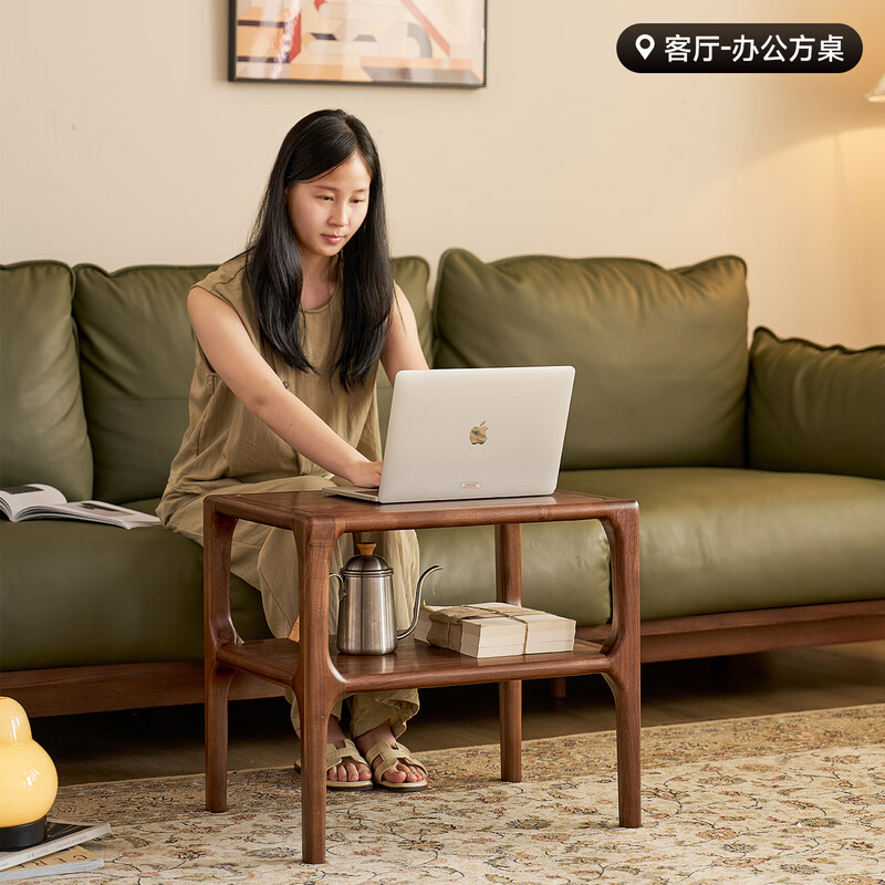 Zhidian North American black walnut sofa side table modern simple small table living room side table solid wood double layer small coffee table square table North American black walnut side table