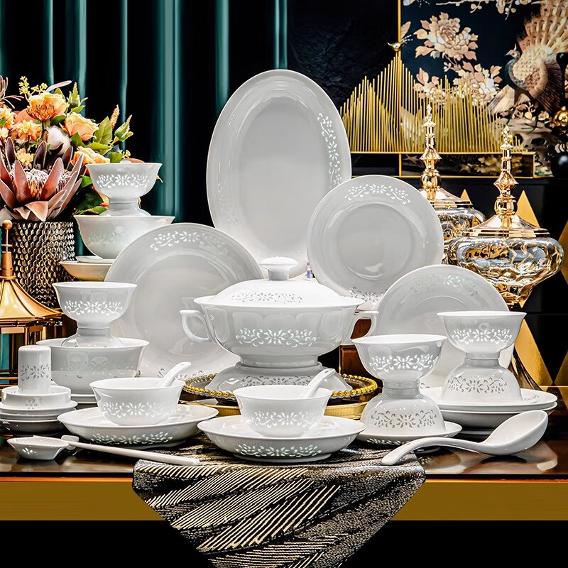 Miflame Jingdezhen High Temperature White Porcelain Exquisite Tableware Bowls Bowls and Dishes Set Complete Set for Household Underglaze Color Wedding Household Underglaze Color White Porcelain Exquisite Twisting Lotus 28-piece Set