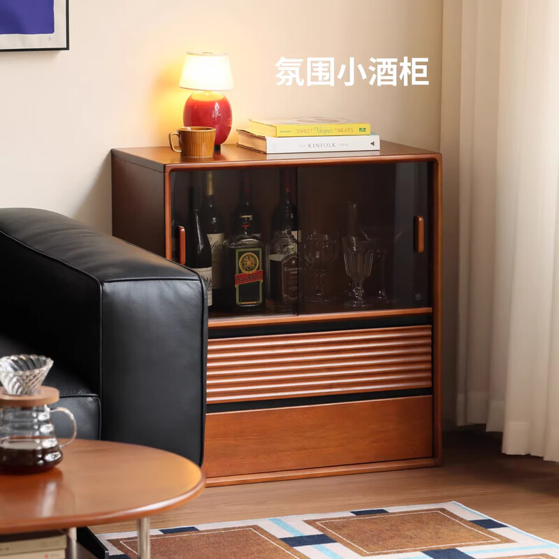 Genji Muyu Solid Wood Bookcase Medium Antique Partition Cabinet Retro Storage Cabinet Combination Cabinet 0.7 Meter Double Sliding Door Cabinet (Glass Door)