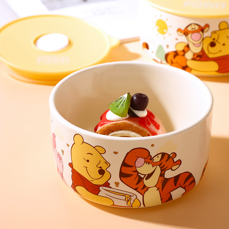 Disney high-looking light luxury ceramic fresh-keeping bowl lunch box high-looking cartoon exquisite girls and children home rice bowl light luxury Pooh fresh-keeping bowl small size