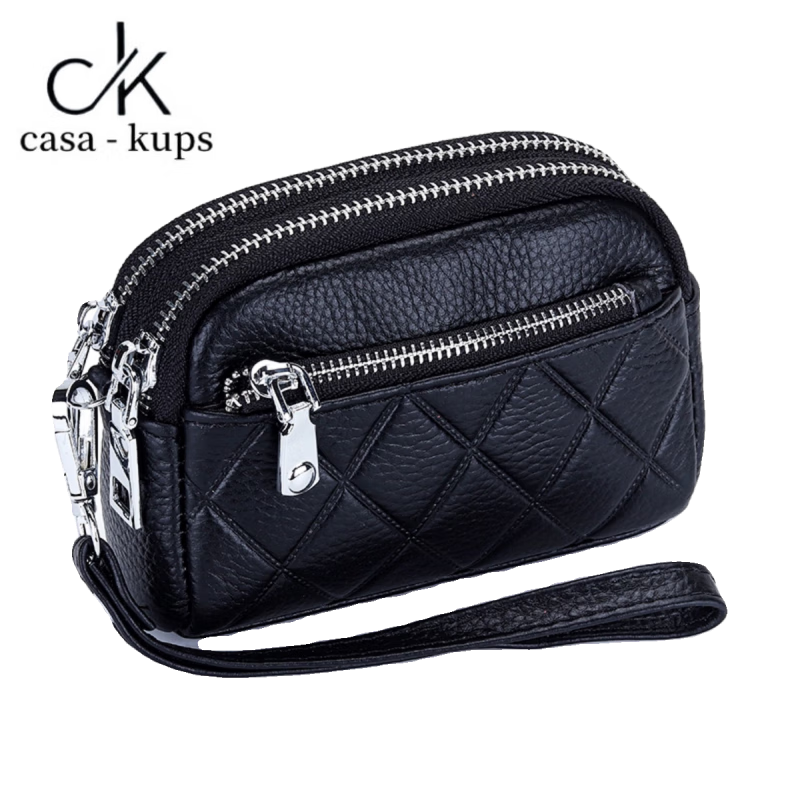 Casa-kupsCK Genuine Leather Women's Mini Bag Coin Purse Cowhide Large Capacity Three Zipper Multifunctional Fashion Coin Bag Dark Green