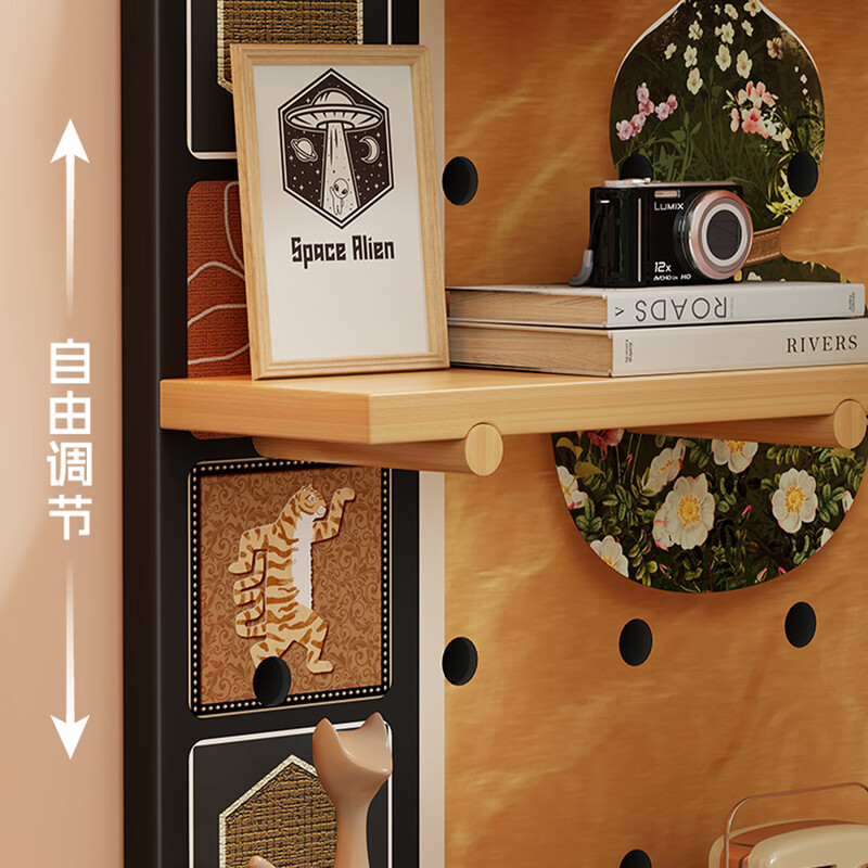 Lin Jia boy solid wood hole board entry entrance storage rack style wall hanging hanger decorative display accessories multi-functional storage rack retro style black 60*120