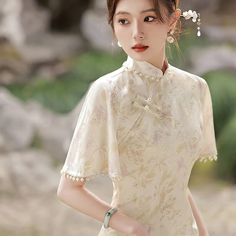 Bangbo Shi New Chinese Style Improved Cheongsam Women's 2025 National Style Elegant Long Slit Dress Slim Fit New Year's Gift New Chinese Style Improved Cheongsam Color S Size (Suitable for 85 Jin-110 Jin)