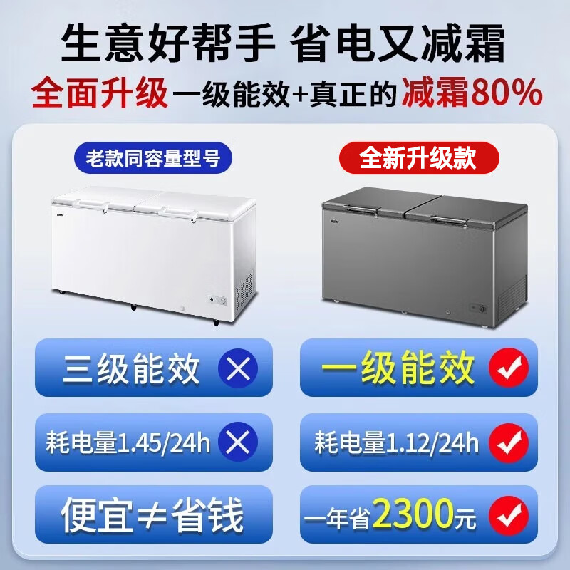Haier Freezer 500 liters or more, commercial large capacity, minus -38 degrees, ultra-low temperature, no need for frequent defrosting, double door, tea, seafood, refrigeration and freezing, conversion for home use, 519 liters, top length 1.5 meters, minus 38 degrees, first-class energy efficiency
