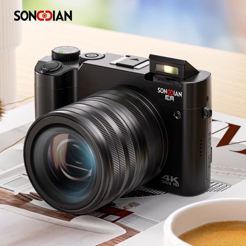 Songdian DC218 entry-level front and rear dual-camera high-definition digital camera for students to take selfies and vlog, which can be transferred to mobile phone CCD for high school students to travel with a dedicated micro-single 4K domestic camera, black + wide-angle lens, official standard configuration + 32G memory, approximately 3,000 photos stored