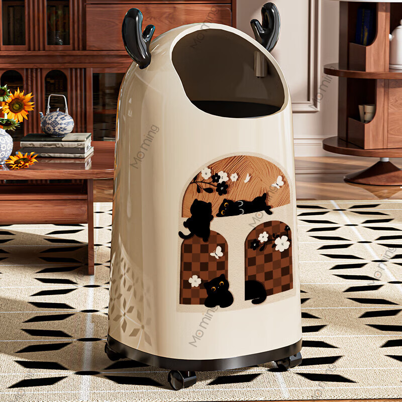 Moming deer antler trash can bathroom home living room antique style retro bedroom elegant trash can bedroom with wheels Elk ears window climbing cat large size - pulley version