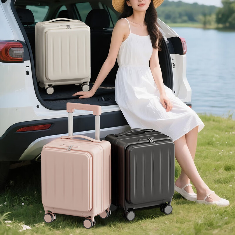 Kangaroo (KANGAROO) 14-inch suitcase can get on the plane, front opening boarding case, small lightweight portable trolley case, low-cost airline business trip suitcase, business gray - front opening computer compartment - USB charging interface 14 inches, free of charge for airlines