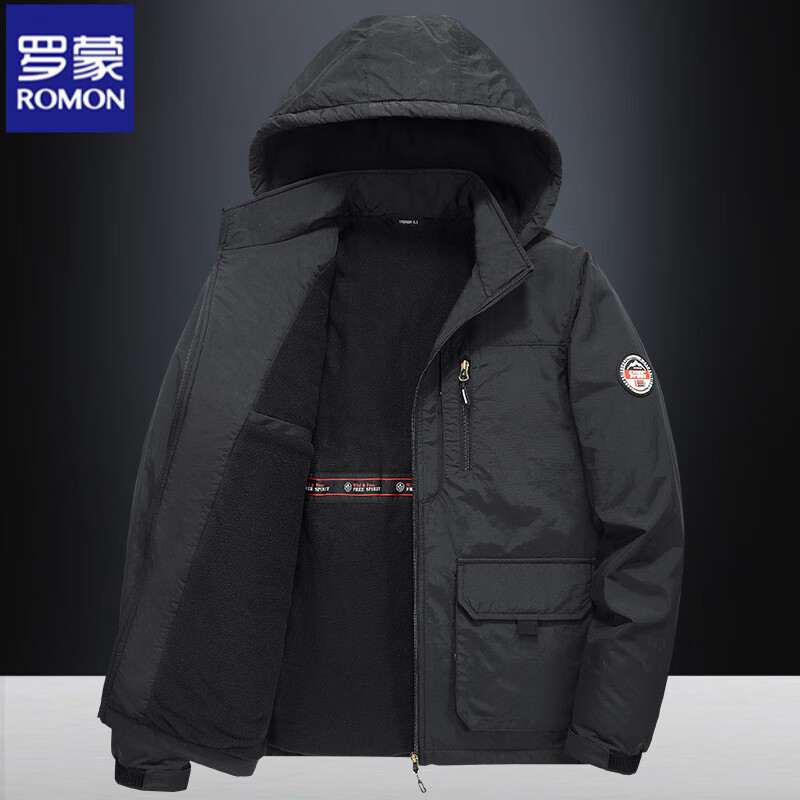 ROMON large size men's jacket autumn and winter 2025 new popular velvet thickened windproof sports and leisure jacket dark gray 2XL suitable for 135-145 pounds