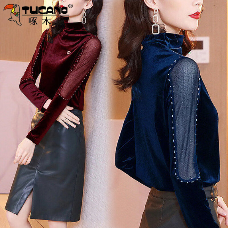 Woodpecker gold velvet bottoming shirt for women in autumn and winter new model with temperament half turtleneck black mesh beading long-sleeved T-shirt top picture style black free corsage M