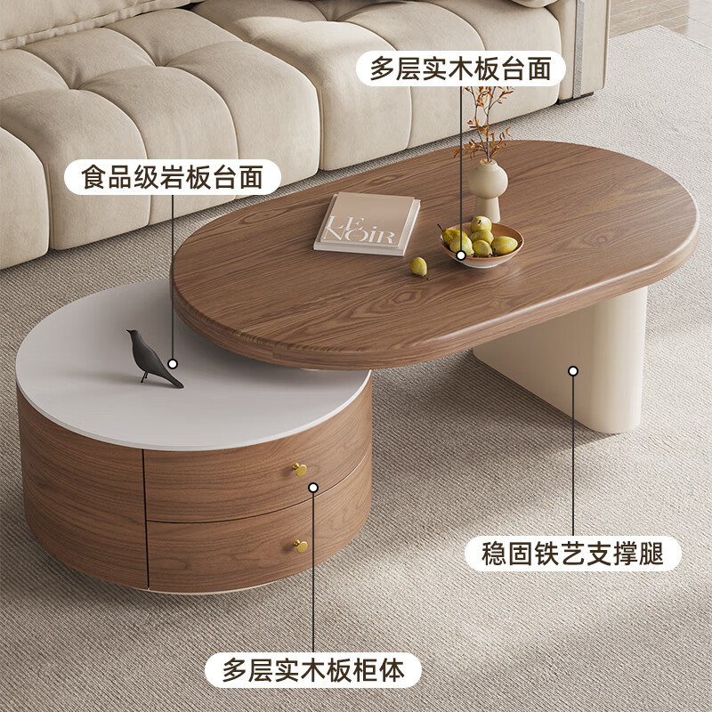 Zuo Ke Zuo's home antique solid wood retractable coffee table living room household small apartment 2025 new retro high-end light luxury tea table combination solid wood thick round retractable coffee table 120cm