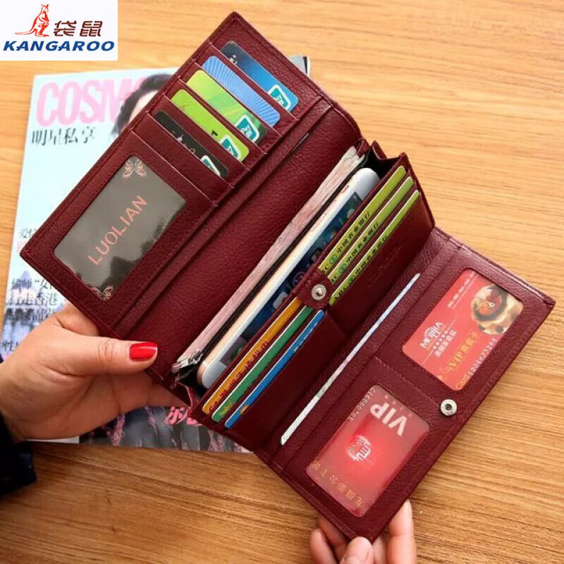 Kangaroo Light Luxury Brand Cowhide Women's Wallet Women's Long Genuine Leather Litchi Pattern Durable Soft Leather Tri-fold Wallet Clutch Maroon