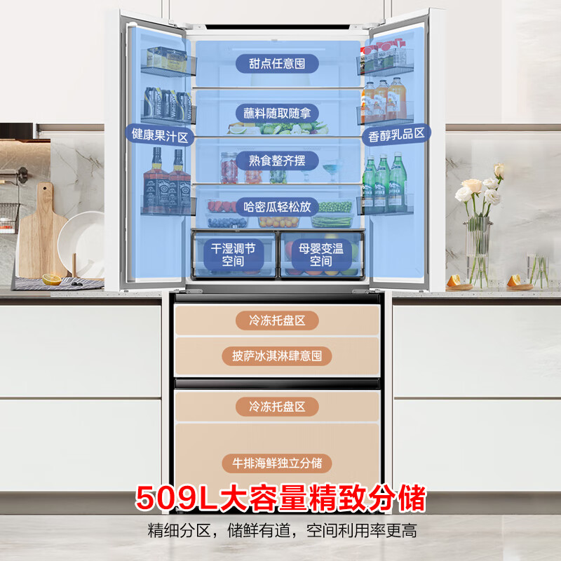 Rongsheng 509L French multi-door refrigerator dual system dual cycle first-level energy efficiency air-cooled frost-free energy-saving frequency conversion large capacity trade-in BCD-509WD18MP white national subsidy