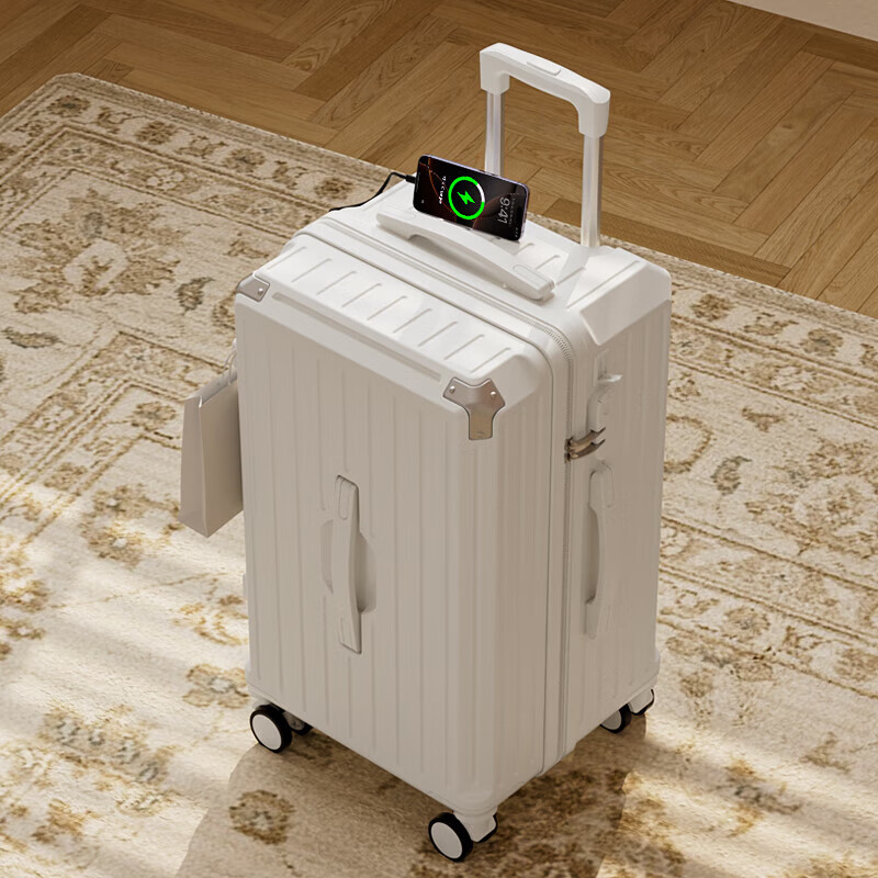 Lianang large-capacity suitcase for male and female students, good-looking multi-functional suitcase, large suitcase for studying abroad, grain white, cup holder + charging port + brake shock absorption, 24 inches, upgraded and thickened version