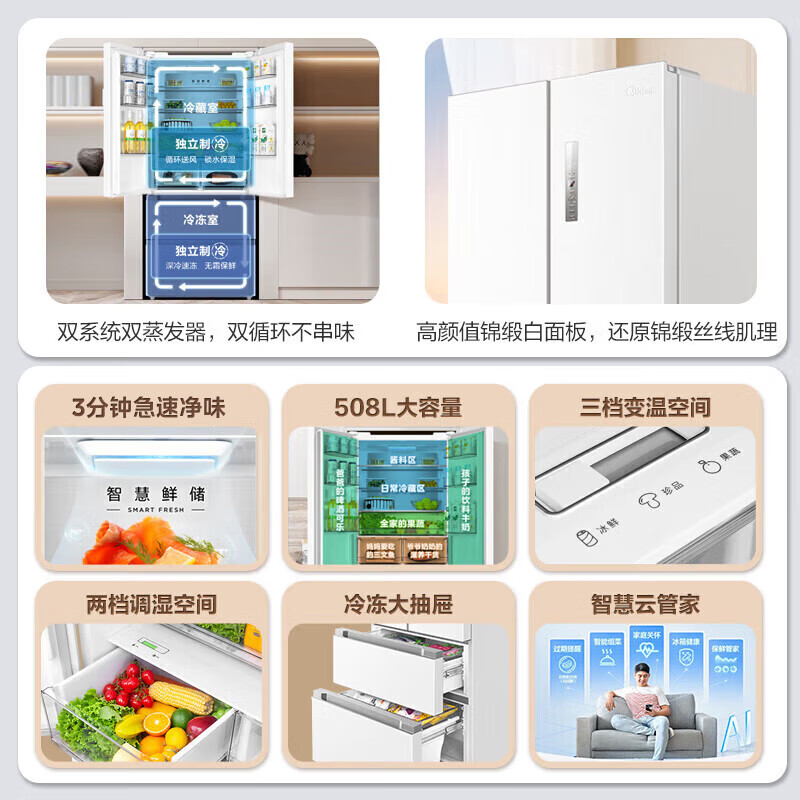 Midea 508L French-style four-door refrigerator dual-system cycle first-level energy efficiency sterilization and deodorization air-cooling large capacity trade-in white BCD-508WTPZM (E) national subsidy