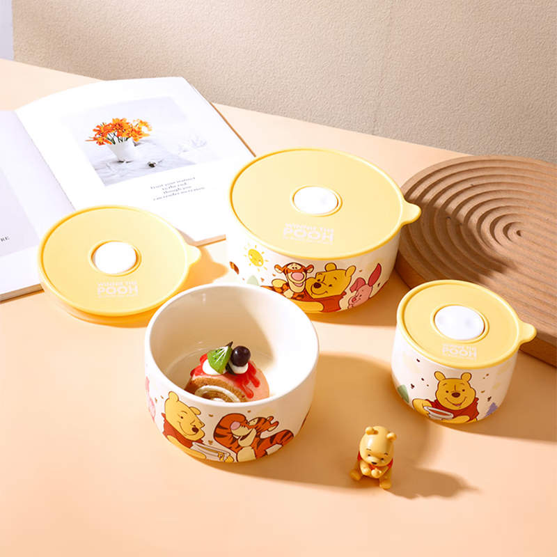 Disney high-looking light luxury ceramic fresh-keeping bowl lunch box high-looking cartoon exquisite girls and children home rice bowl light luxury Pooh fresh-keeping bowl small size