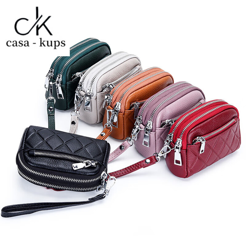Casa-kupsCK Genuine Leather Women's Mini Bag Coin Purse Cowhide Large Capacity Three Zipper Multifunctional Fashion Coin Bag Dark Green