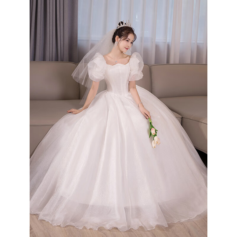 Sainte-Nice French-style fugitive princess wedding dress bridal main yarn heavy industry high-end one-shoulder light luxury petite 2025 new model for going out white floor-length style (wedding dress + 8-piece set) L Weight about 110 pounds