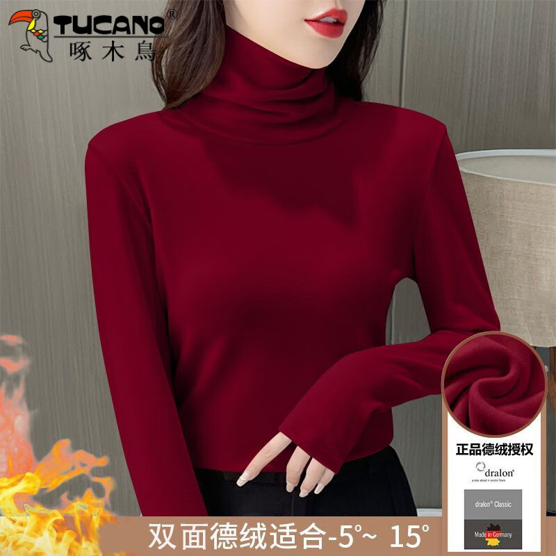Woodpecker double-sided German velvet turtleneck warm thickened bottoming shirt for women autumn and winter new style versatile pile collar long-sleeved top black high quality 4XL recommended 155-170 pounds