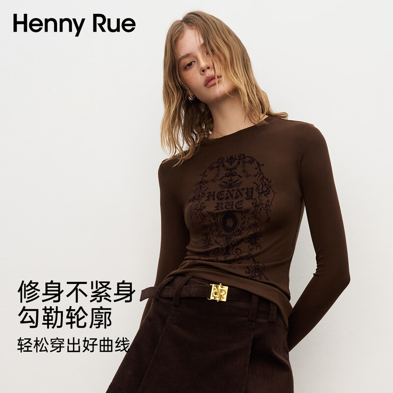 Henny Rue bottoming shirt for women with lyocell print trendy letters autumn long-sleeved top slim fit round neck pullover for women Cloud White M