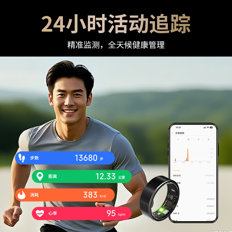 Lenovo smart ring, multi-functional sports monitoring, sleep tracking, heart rate and blood oxygen intelligent detection, 5ATM sports waterproof, swimming and diving, wearable remote control, photo taking, long battery life, black size 10