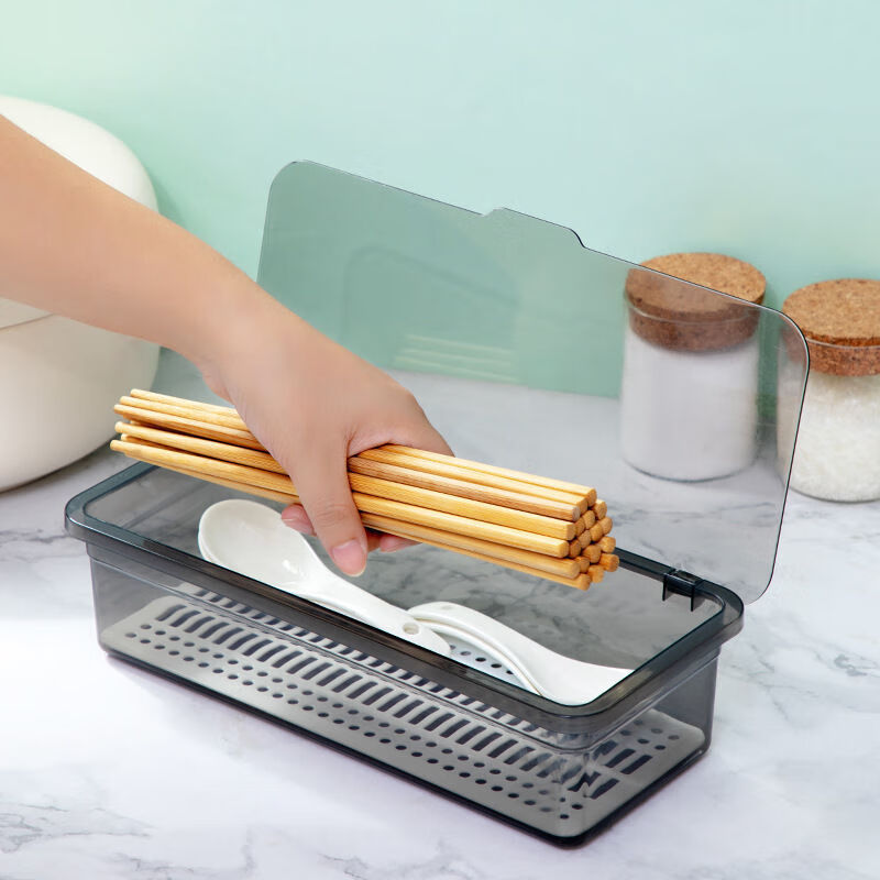 Transparent chopstick storage box kitchen household drain with lid chopstick tube tableware spoon chopstick cage storage rack gray 1 piece